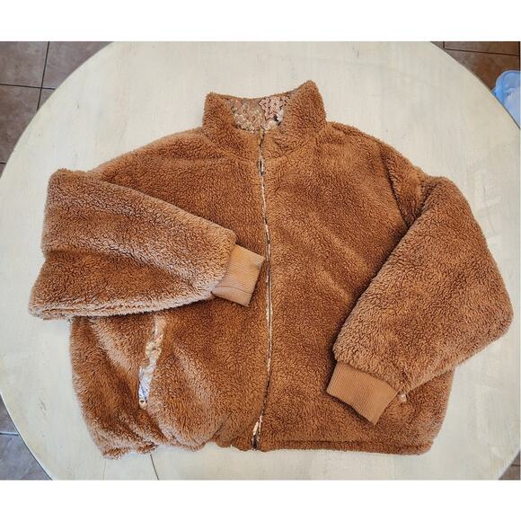 American Eagle Reversible Puffer Jacket Brown Teddy Sherpa Floral - Picture 3 of 12